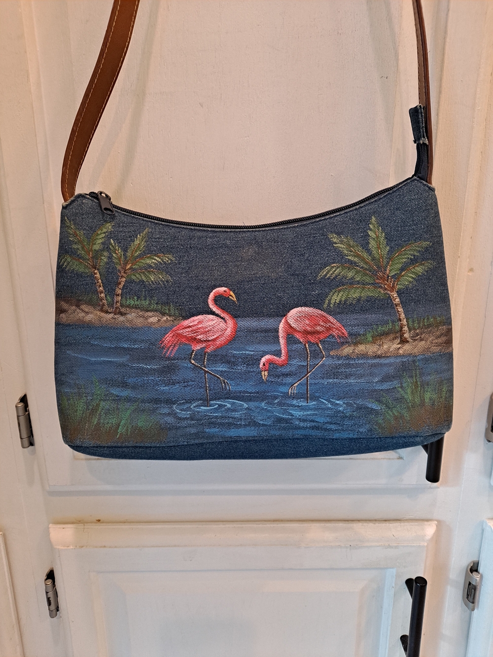 Cappelli Straworld Denim Blue Shoulder Bag Pink Flamingos Tropical Handpainted